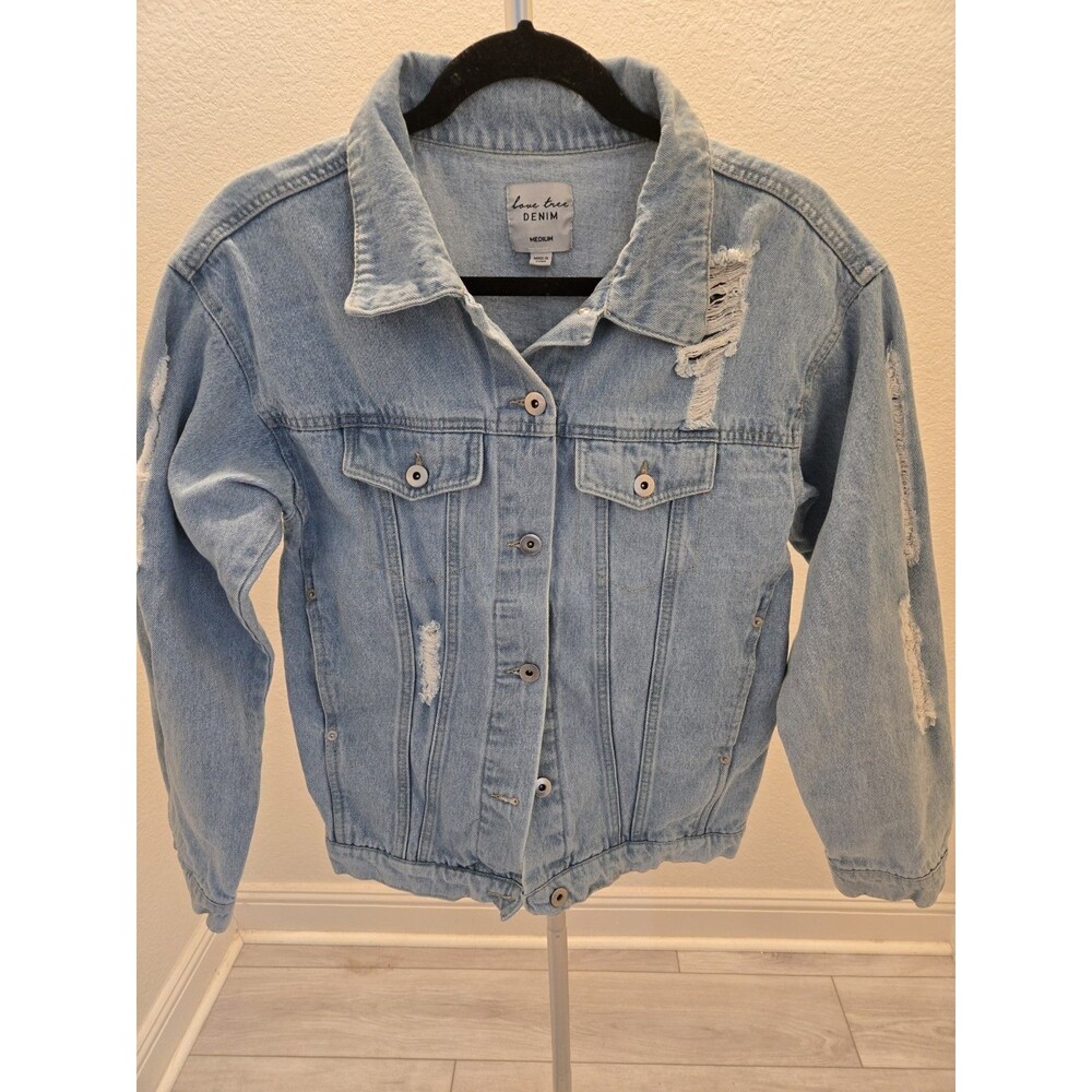 Love Tree Denim Distressed Slouchy Shredded Trucker M Jacket Womens Light Blue